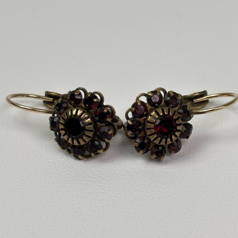 Liz Palacios Dark Red Swarovski Crystal Aged Brass Floral Leverback Earrings